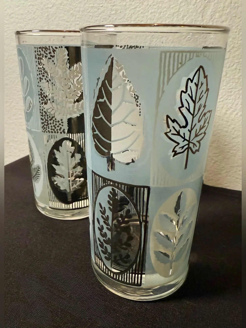 2 MCM Libbey Riviera Highball, Blue Frosted Silver Leaf Foliage Cocktail glasses